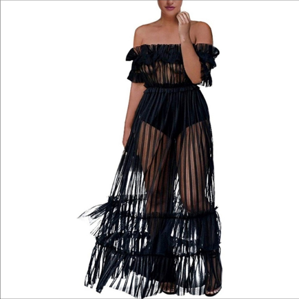 Flared Mesh Club Maxi Dress Beach Cover Up